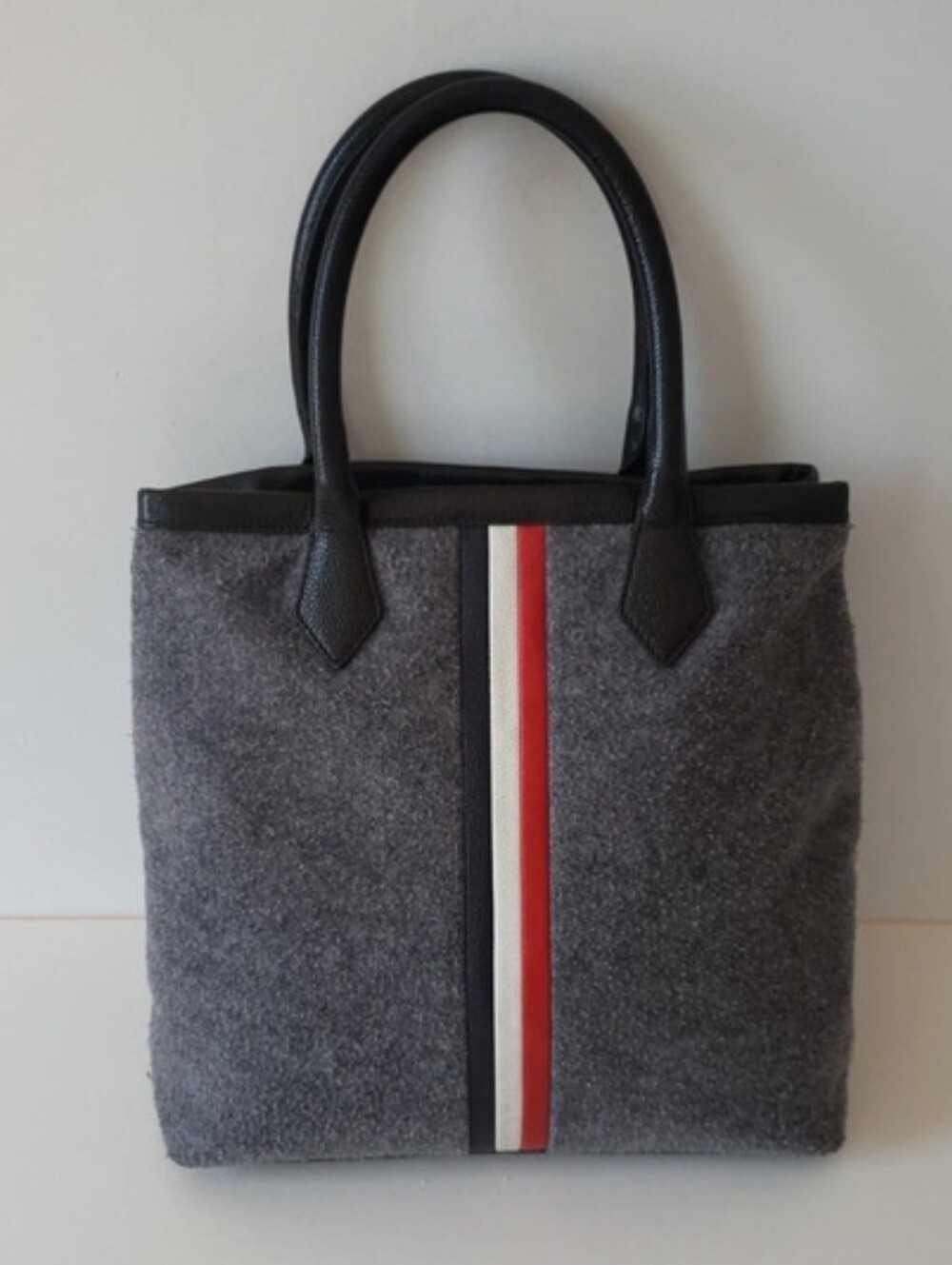 Thom Browne X Brooks Brothers Grey Fleece & Leather Stripe Tote